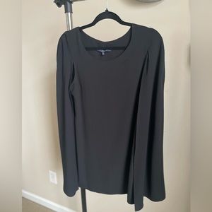 Black dress with cape, knee length, for office or outings.